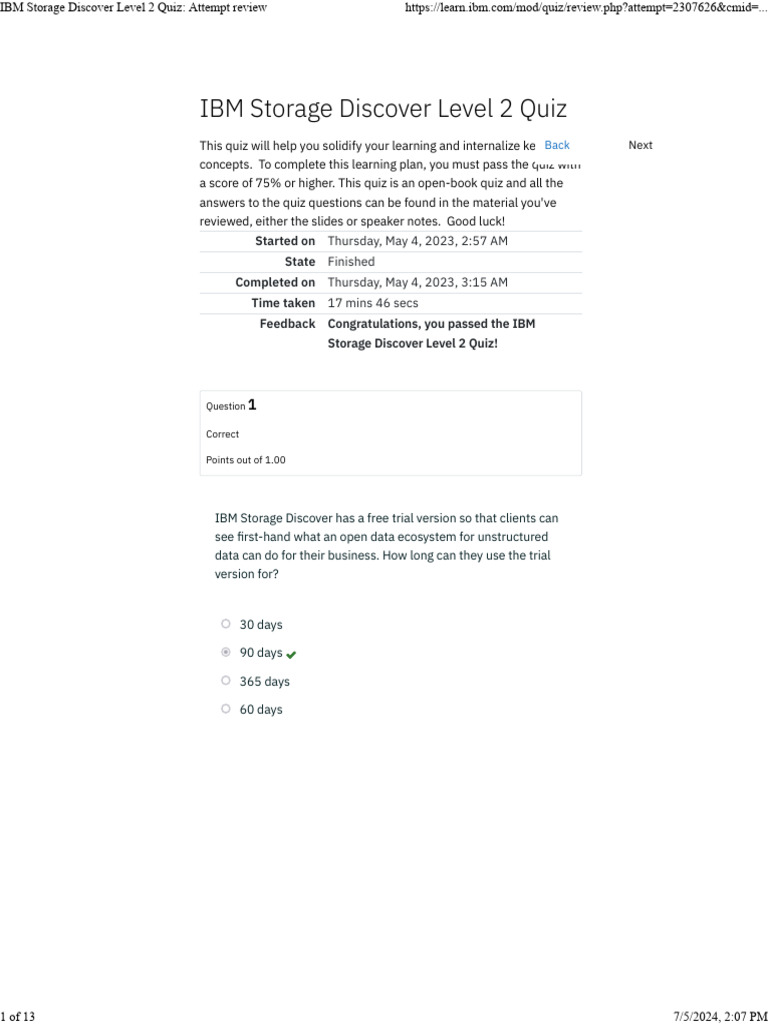 IBM Storage Discover Level 2 Quiz Results | PDF | Metadata | Analytics