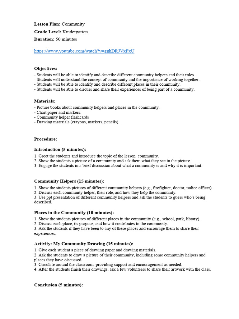 Kindergarten Community Lesson Plan | PDF | Cognitive Science | Human ...
