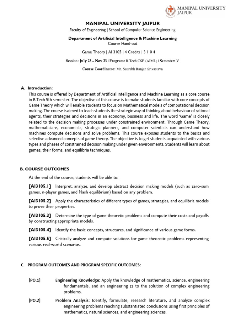 Game Theory Course Overview for B.Tech | PDF | Game Theory | Engineering
