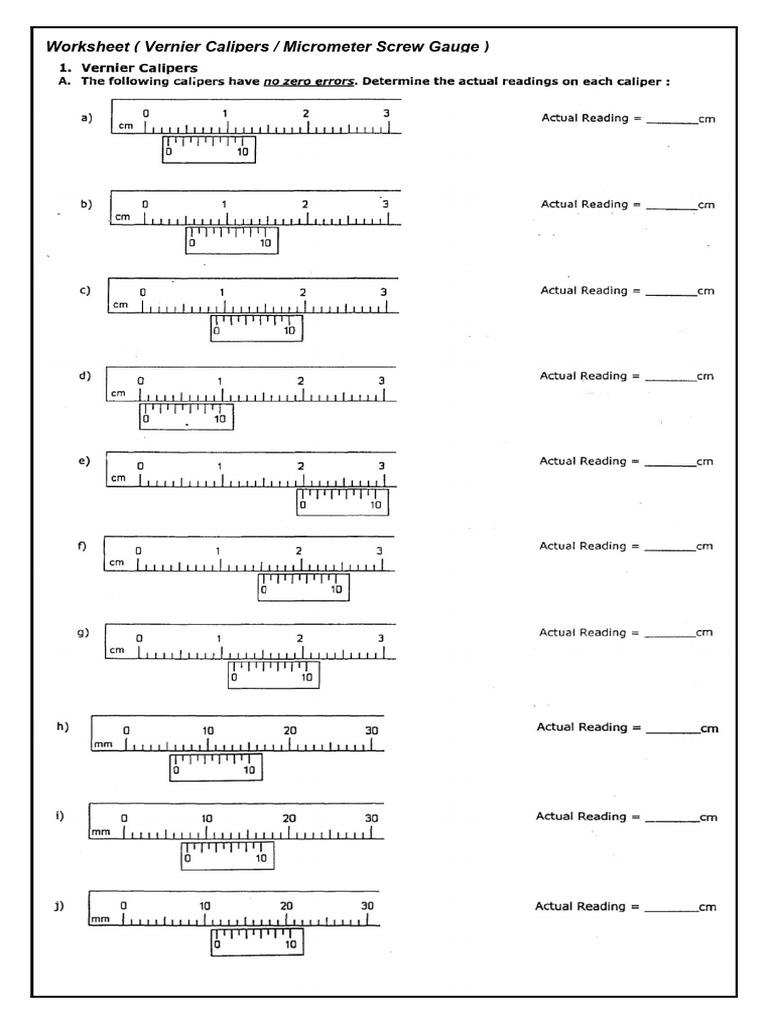 Vernier Calipers & Micrometer Gauge Worksheet | PDF