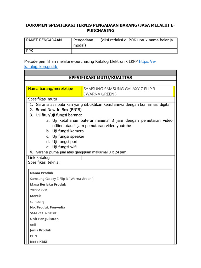 Spesifikasi Teknis Pengadaan E-Purchasing | PDF | Teknologi & Rekayasa