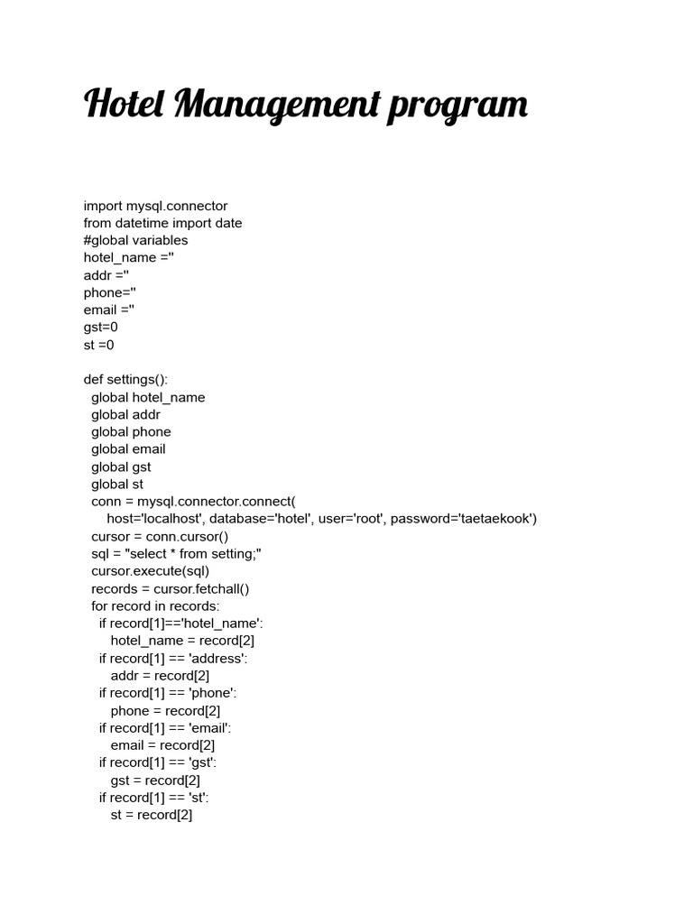 Hotel Management Program | PDF | Menu (Computing) | Databases