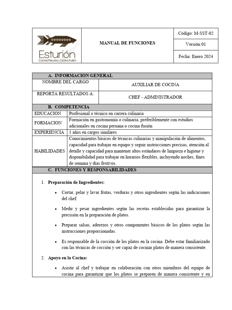 Funciones del Auxiliar de Cocina | PDF | Artes culinarias | Seguridad ...