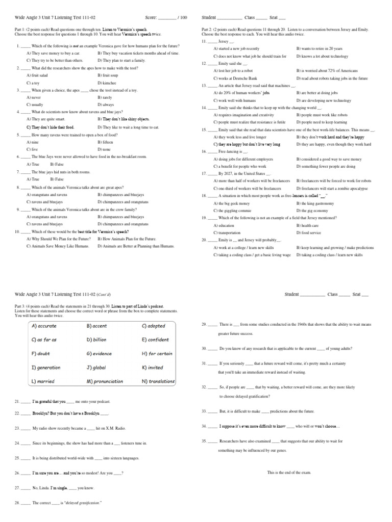 Wide Angle Unit 7 Listening Test | PDF | Freelancer | Delayed Gratification