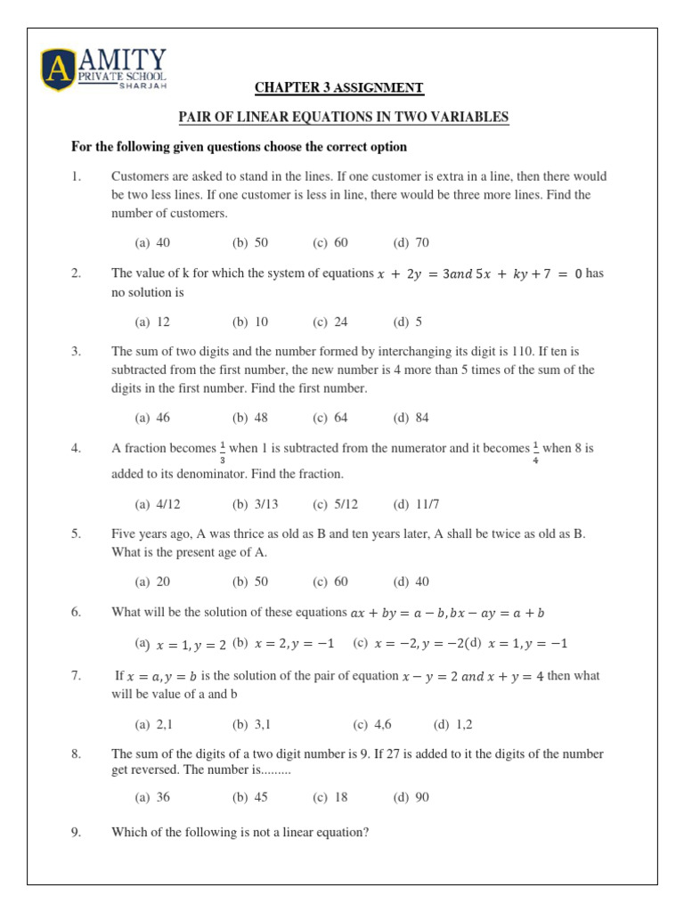 Class 10 Pair Of Linear Eq In Two Variables Ws Pdf Equations