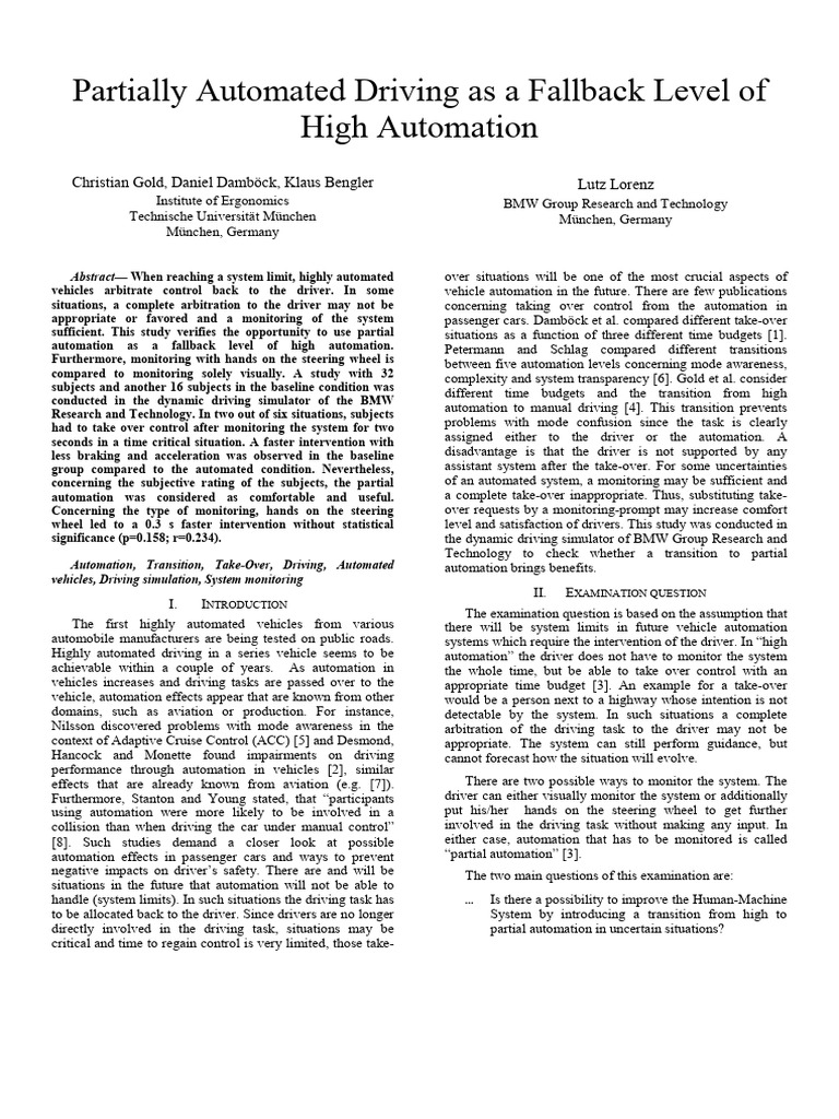 Partially Automated Driving As A Fallback Level of High Automation ...