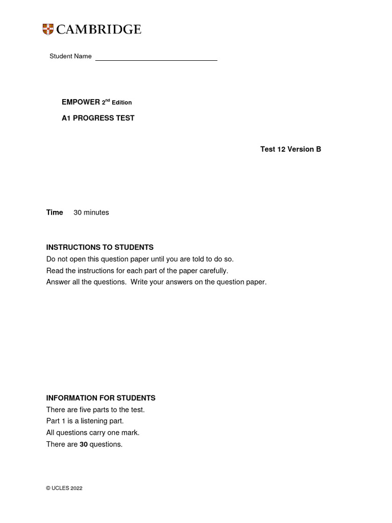 A1 Progress Test for EMPOWER 2nd Edition | PDF