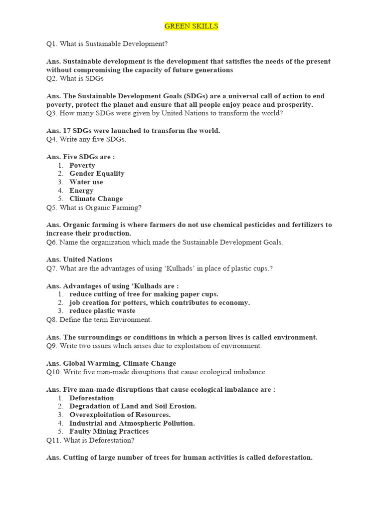 Green Skills Imp Questions | PDF | Sustainable Development | Sustainability