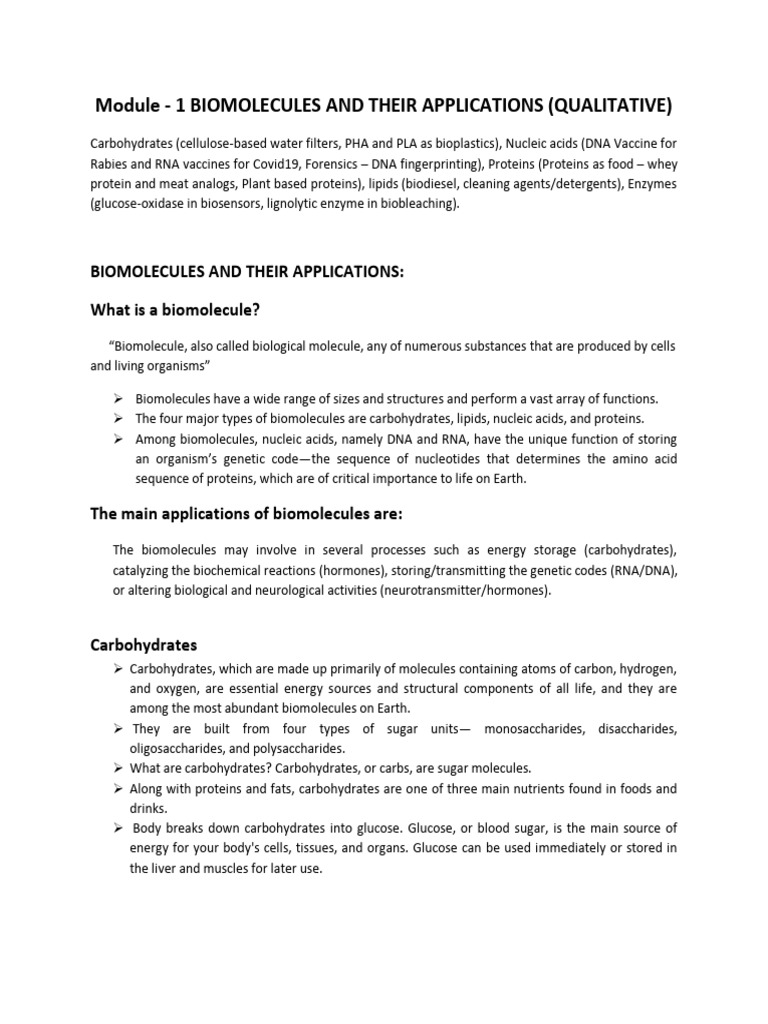 Module 1 Biomolecules And Their Applications Qualitative Pdf