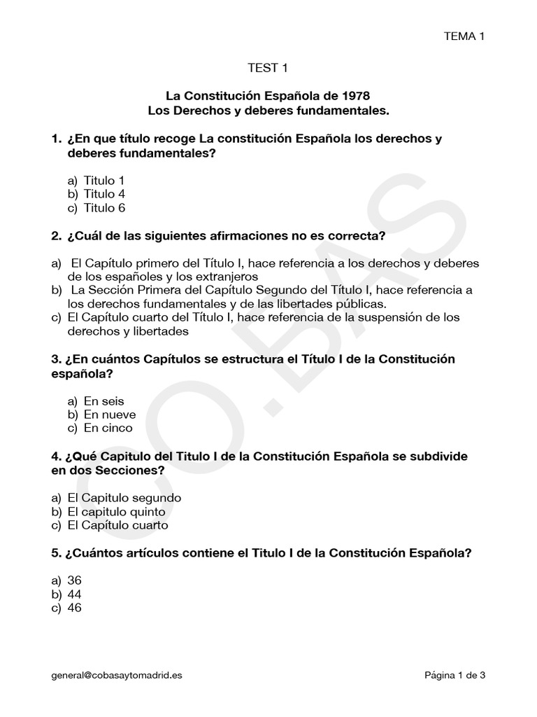 TEMA 1 Test 1 - OK | PDF | Derecho Constitucional | Justicia
