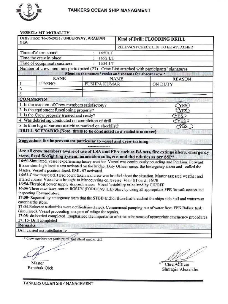 Flooding Drill Report for MT Morality | PDF | Shipping | Water Transport