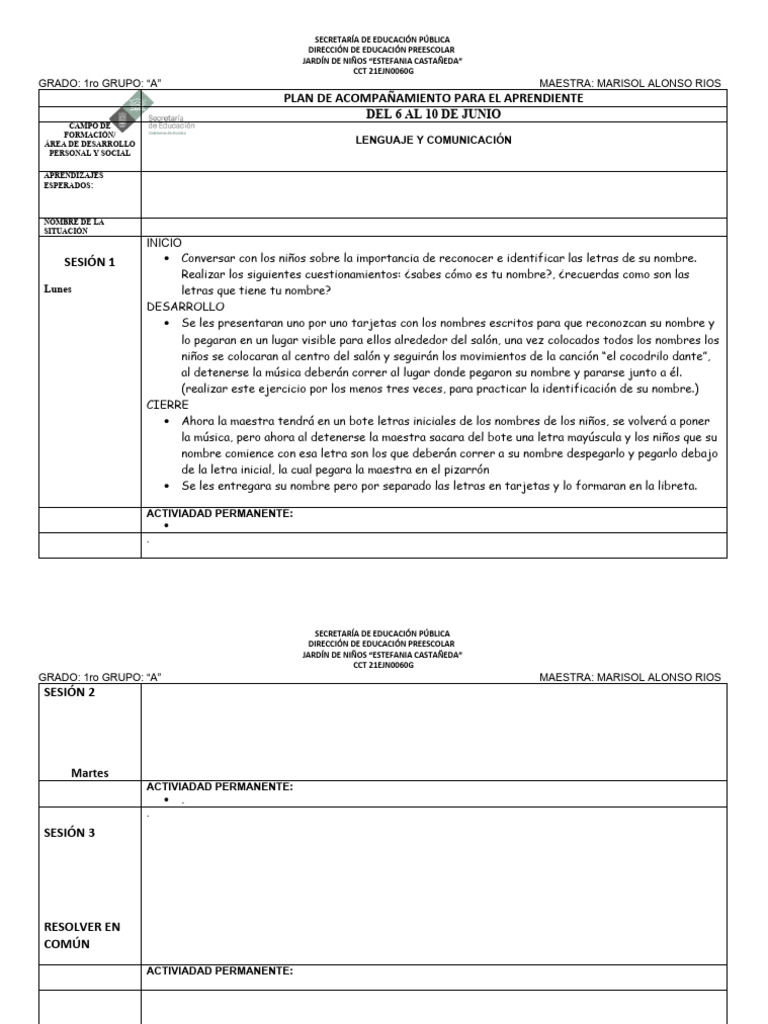 PLAN DEL 6 Al 10 de JUNIO | PDF | Educación de la primera infancia