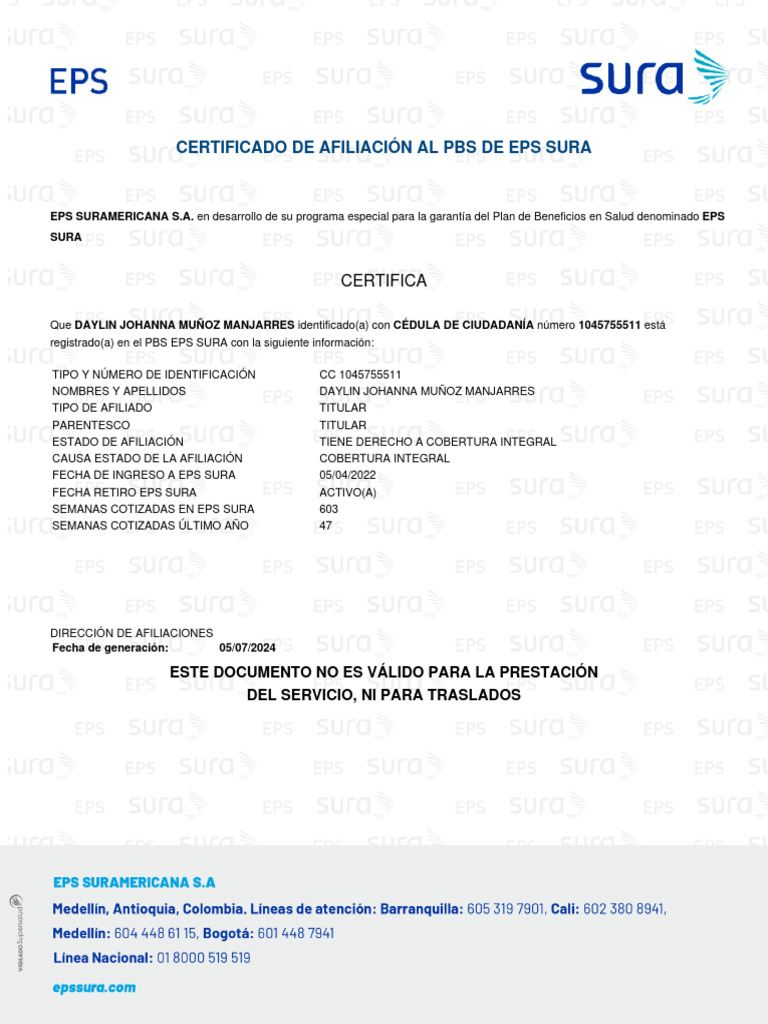 Certificado de Afiliación EPS SURA | PDF | Finanzas y dinero