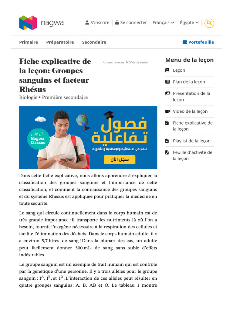 Fiche Explicative de La Leçon - Groupes Sanguins Et Facteur Rhésus ...