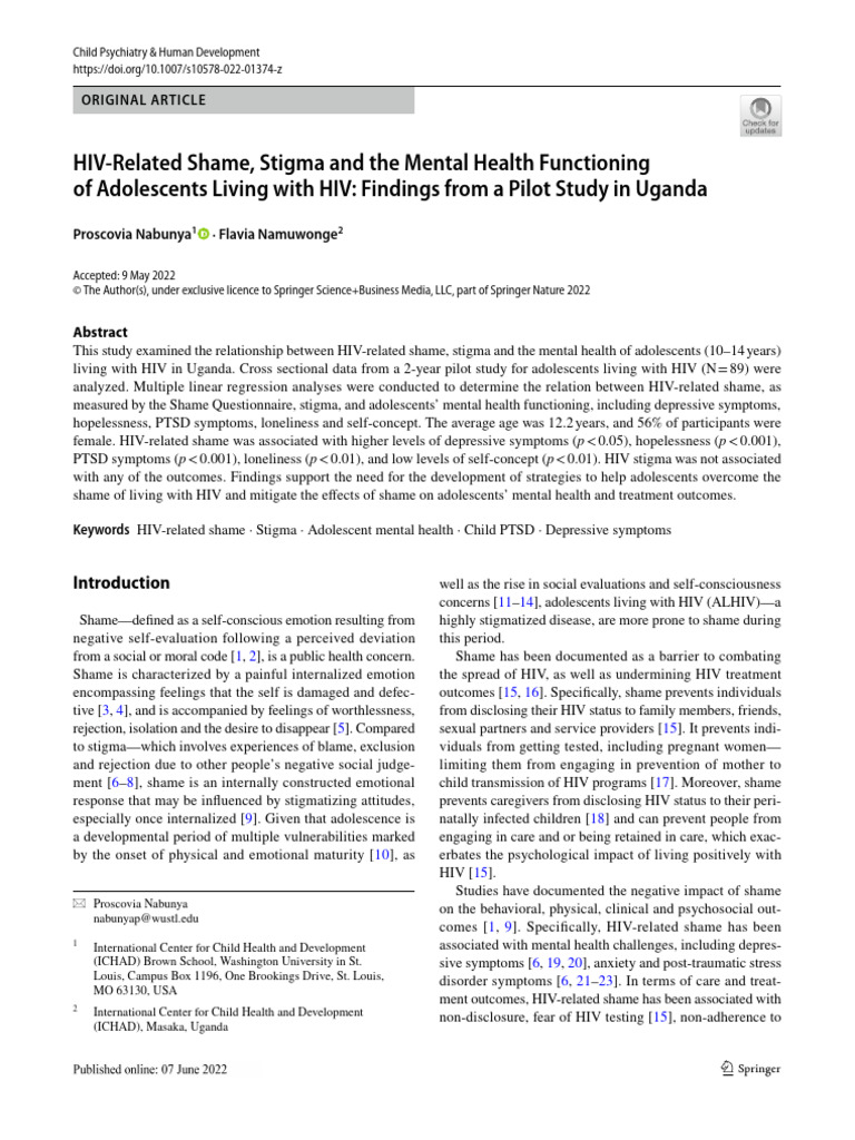 HIV Shame and Adolescent Mental Health | PDF | Shame | Depression (Mood)