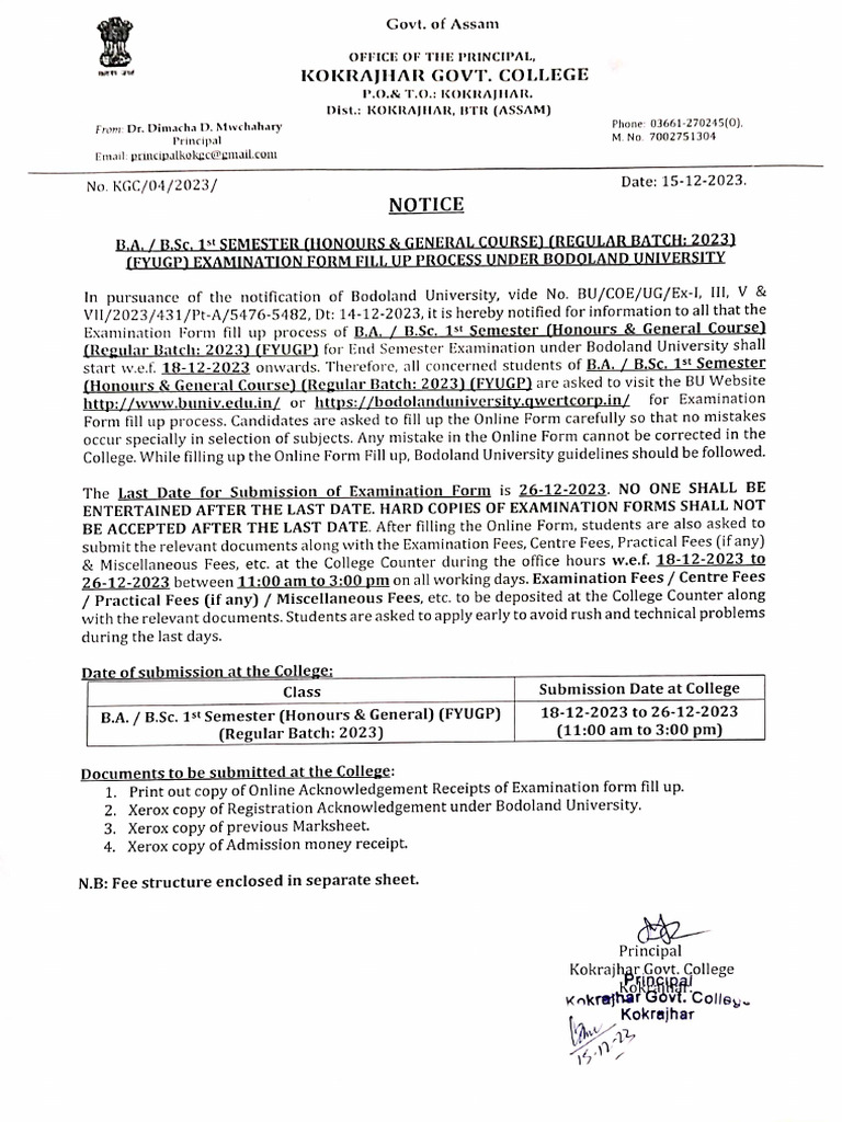 Notice For Ba Bsc 1st Sem Form Fill Up Process Pdf