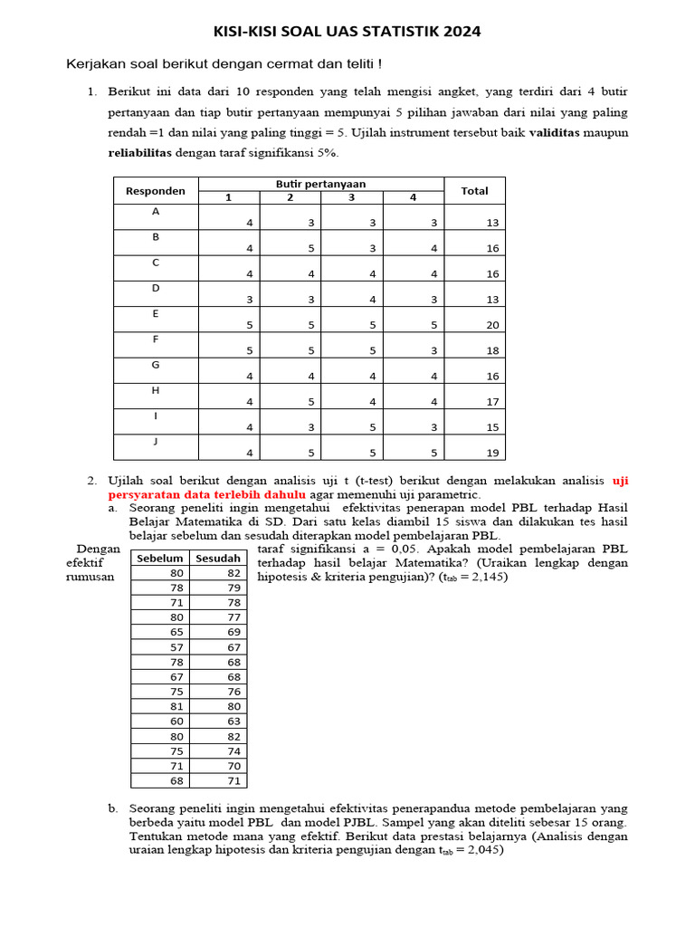 Kisi-Kisi UAS Statistik 2024 dan Analisis Data | PDF