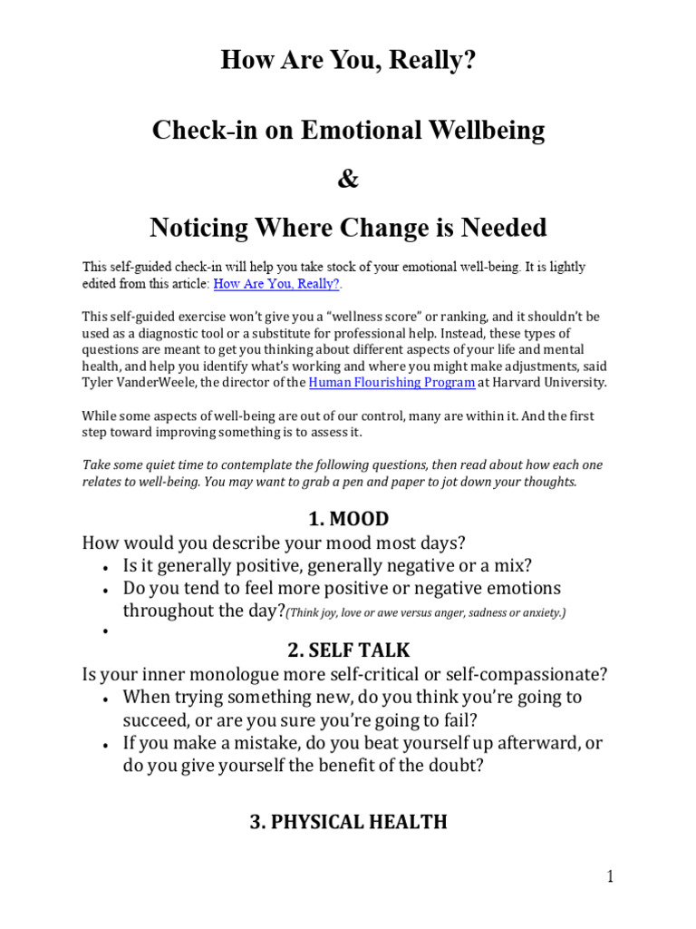 Emotional Wellbeing Self-Check Guide | PDF | Well Being | Mood (Psychology)