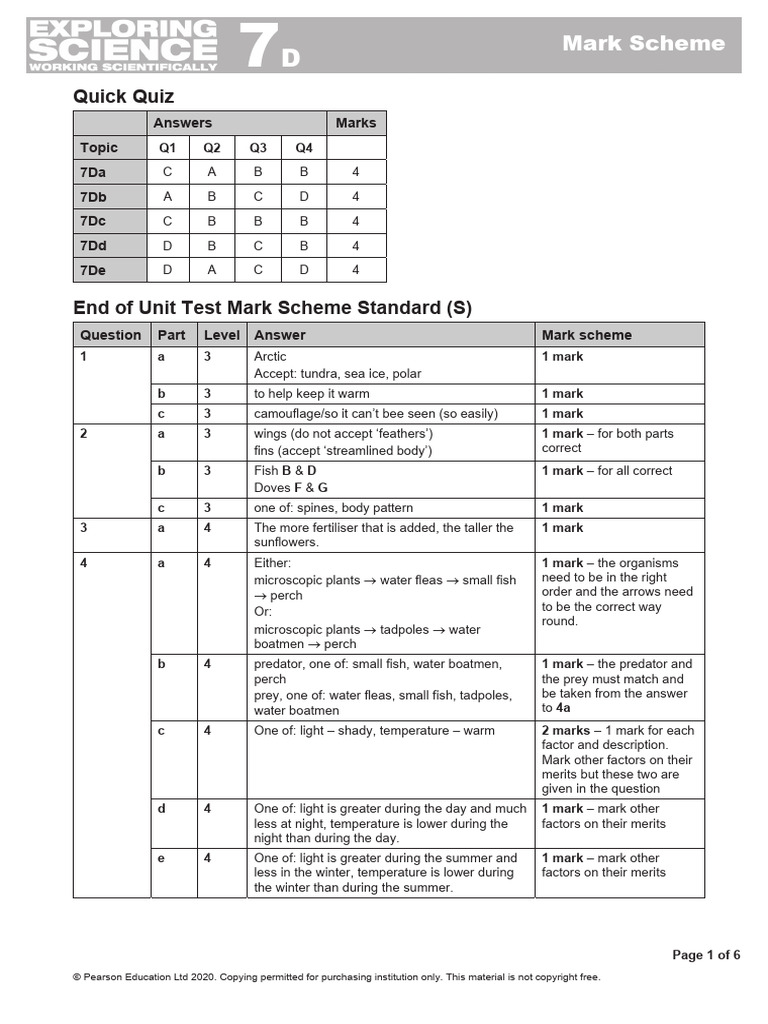 7d Mark Schemes | PDF | Predation | Habitat
