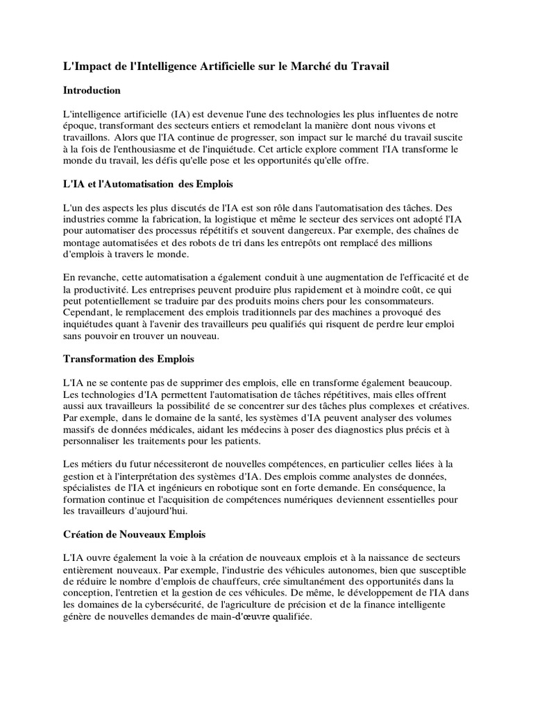 Impact de l'IA sur l'emploi et le travail | PDF | Intelligence ...