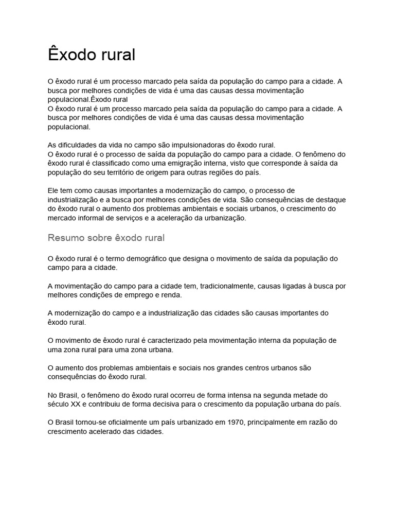Causas e Consequências do Êxodo Rural | PDF | Urbanização | Favela