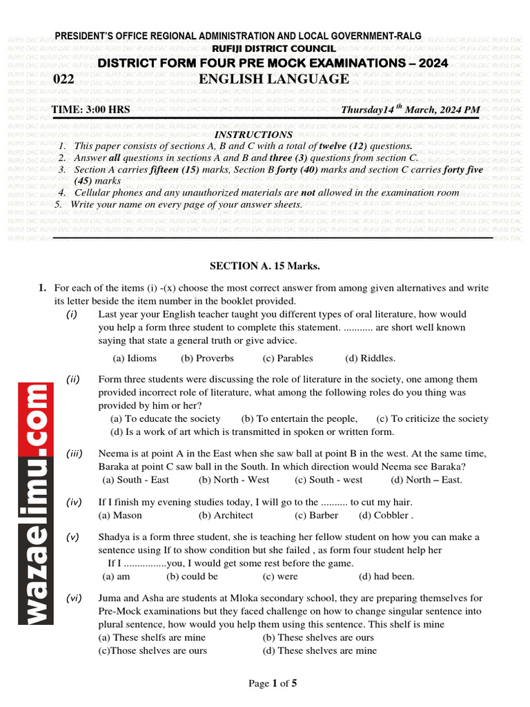 ENGLISH PRE MOCK EXAM IV 2024 | PDF