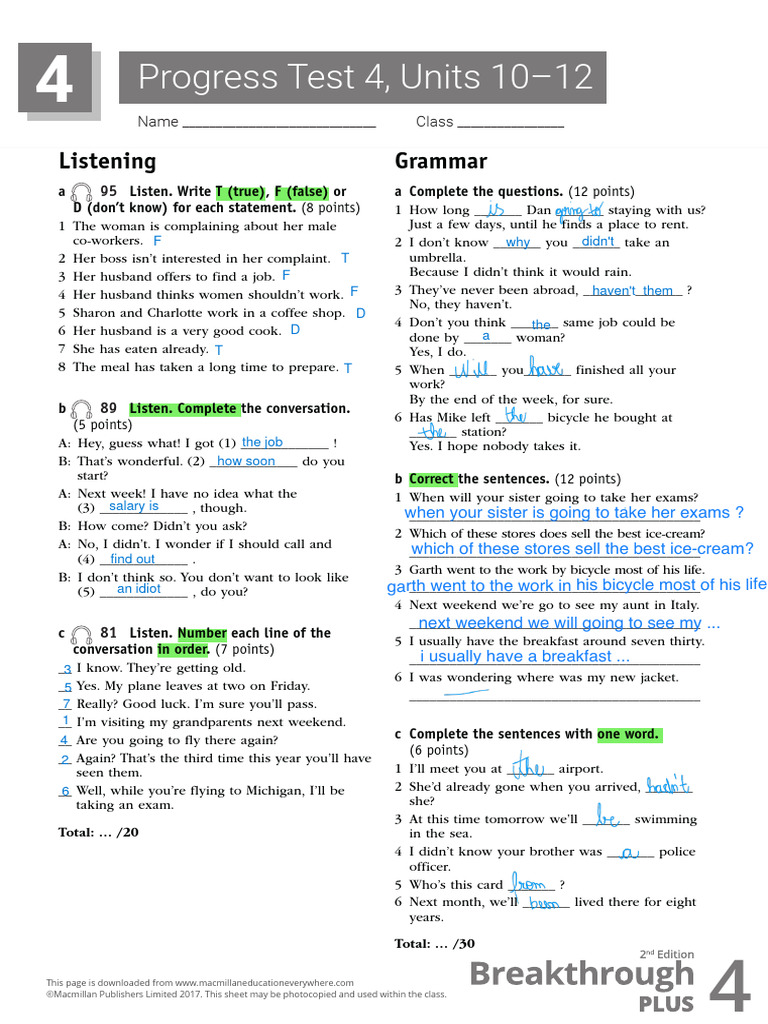 BTP4B - Progress Test 4 - U10 - U12 | PDF | Language Mechanics ...