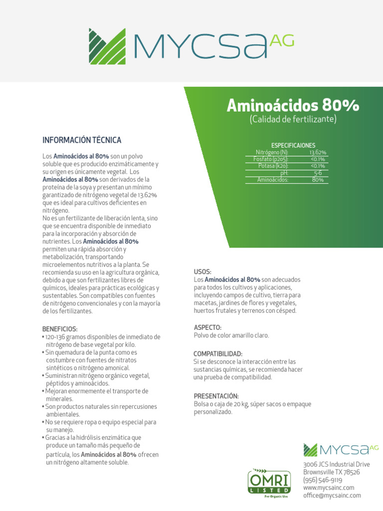 Aminoacidos 80 Mycsa ESP TechSheet | PDF | Nitrógeno