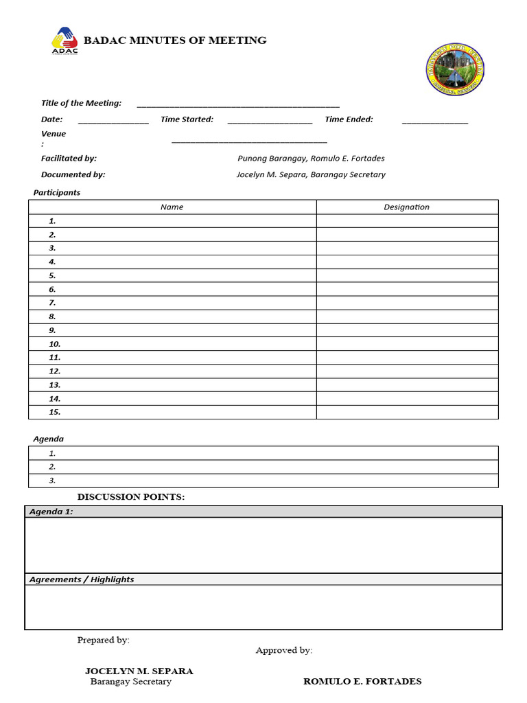 Badac form minutes of meeting central 2024 pdf