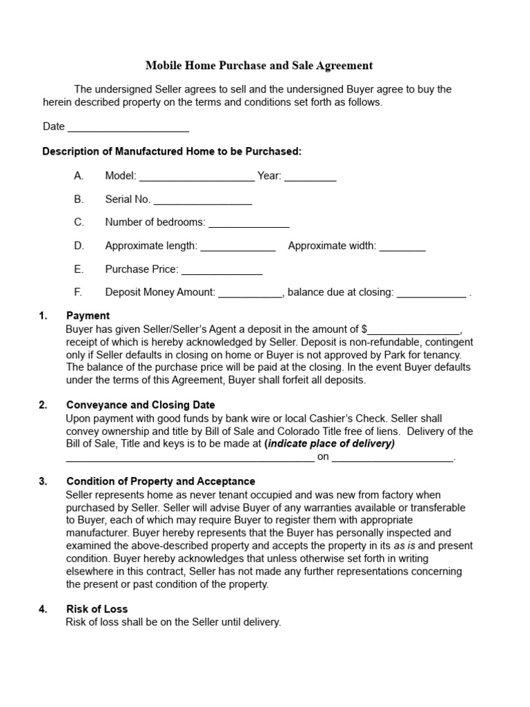 Mobile Home Purchase Agreement Template | PDF | Procurement | Arbitration
