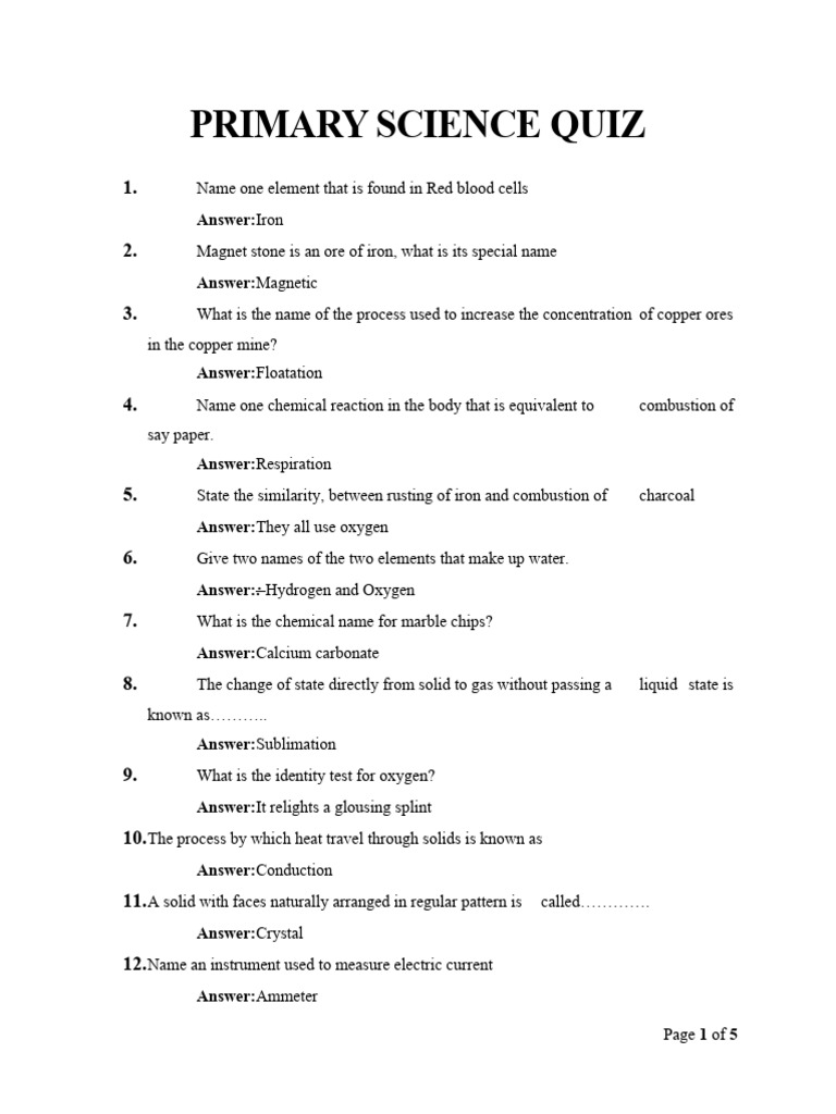 Primary Science Quiz Questions & Answers | PDF | Water | Oxygen