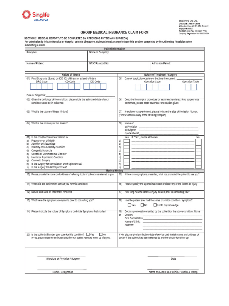 Singlife Group Medical Insurance Claim Form Section 2 PDF
