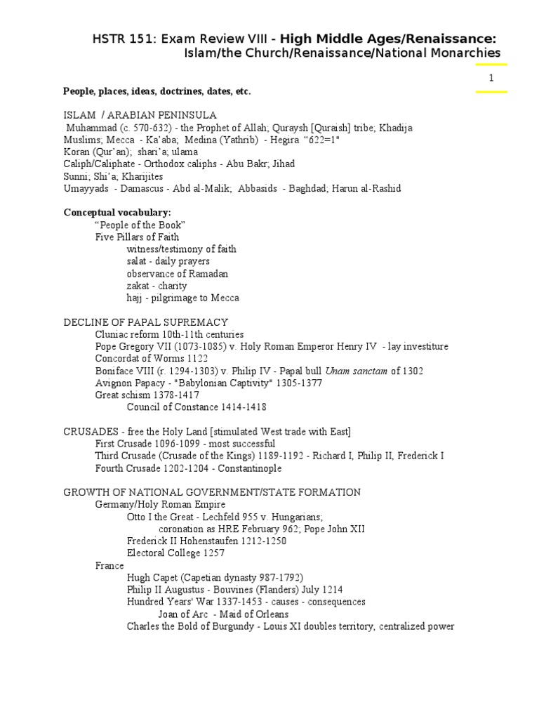 High Middle Ages & Renaissance Exam Review | PDF | Crusades | Caliphate
