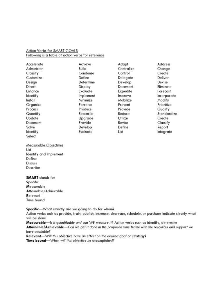 Action verbs for smart objectives pdf career growth