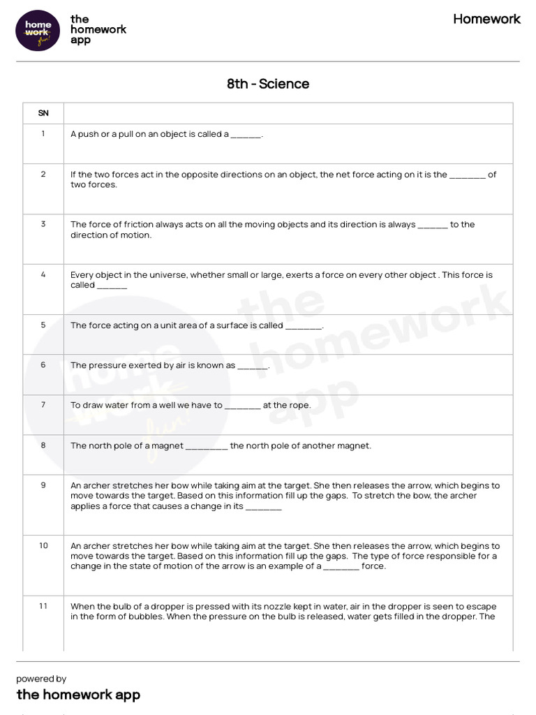 Questions - Homework - 8th - Science - 2024-06-20T12 - 34 | PDF | Force ...