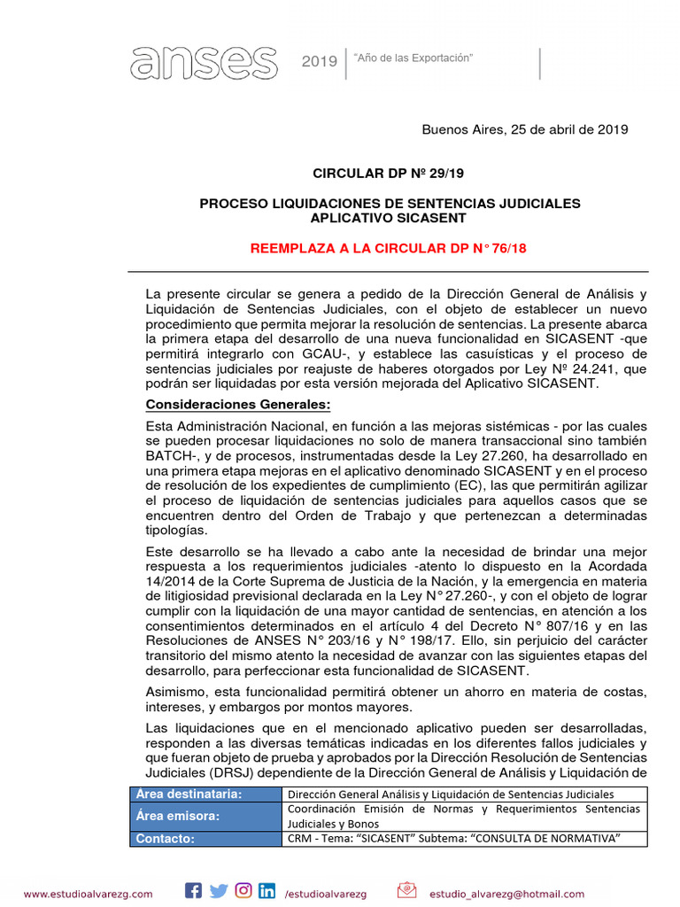 Anses Circular DP #29/19 Proceso Liquidaciones de Sentencias Judiciales