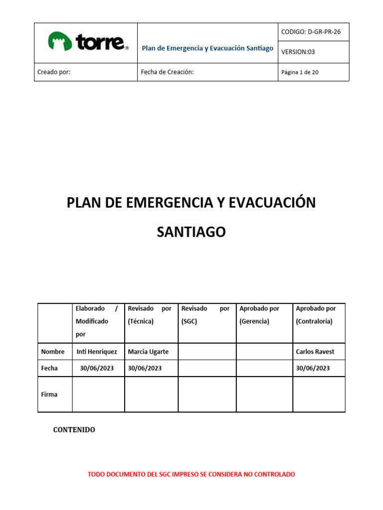 Plan de Emergencia y Evacuación Santiago | PDF | Incendios | Primeros ...