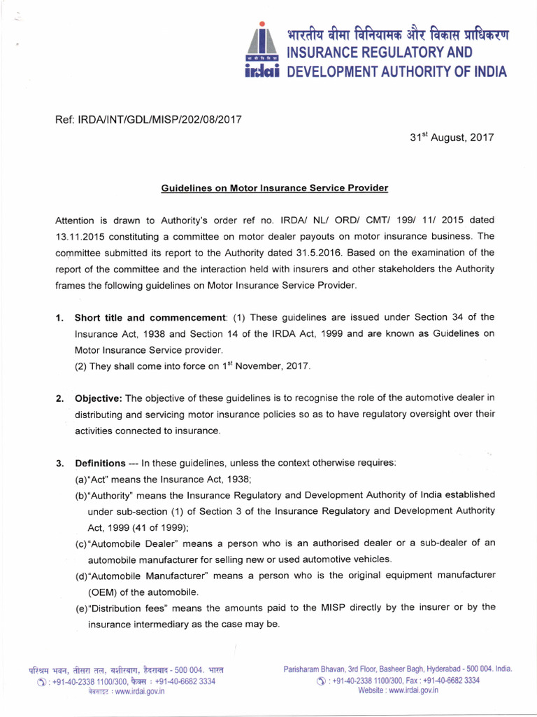 Guidelines for Motor Insurance Service Providers | PDF | Insurance ...