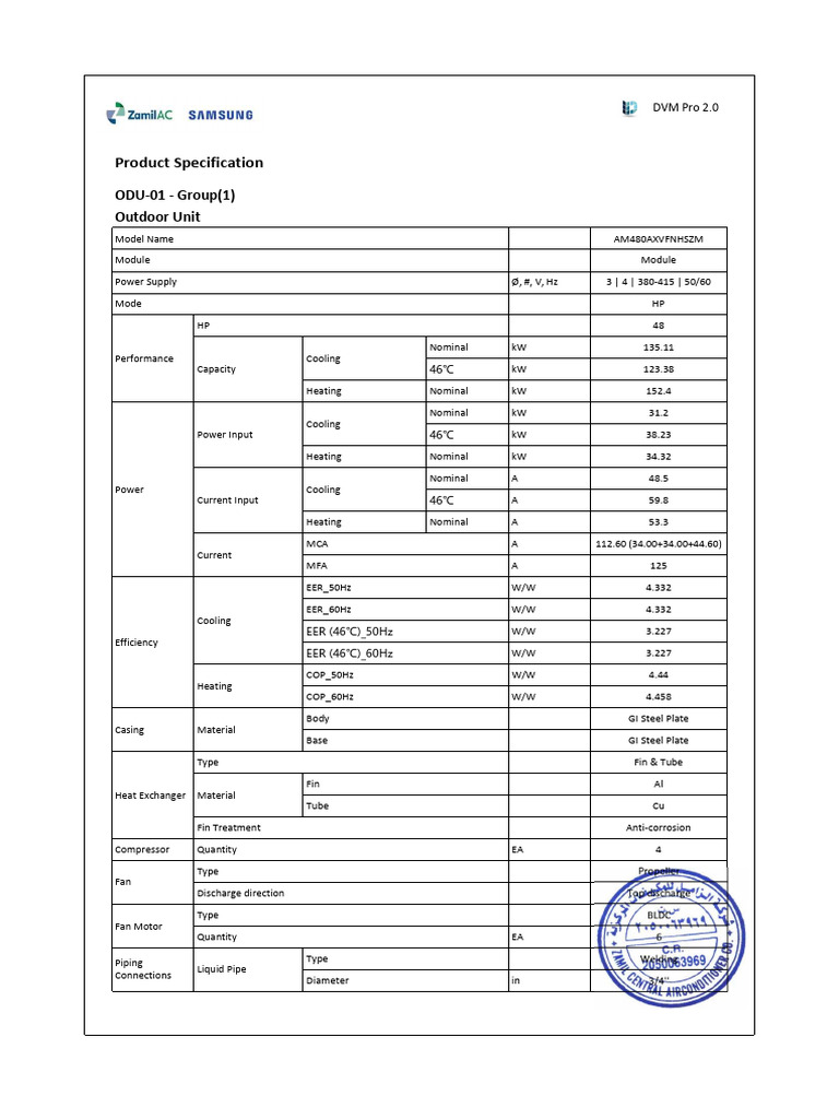 Zamil AC SPECs | PDF | Air Conditioning | Pipe (Fluid Conveyance)