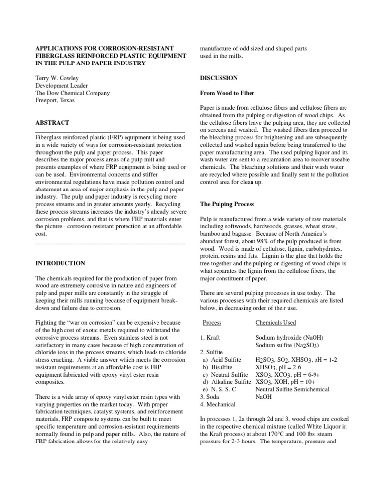 Corrosion-Resistant FRP in Pulp Mills | PDF | Pulp (Paper) | Sodium ...