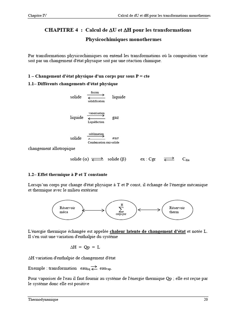 Calcul de ΔU et ΔH en thermodynamique | PDF | Enthalpie de changement d ...