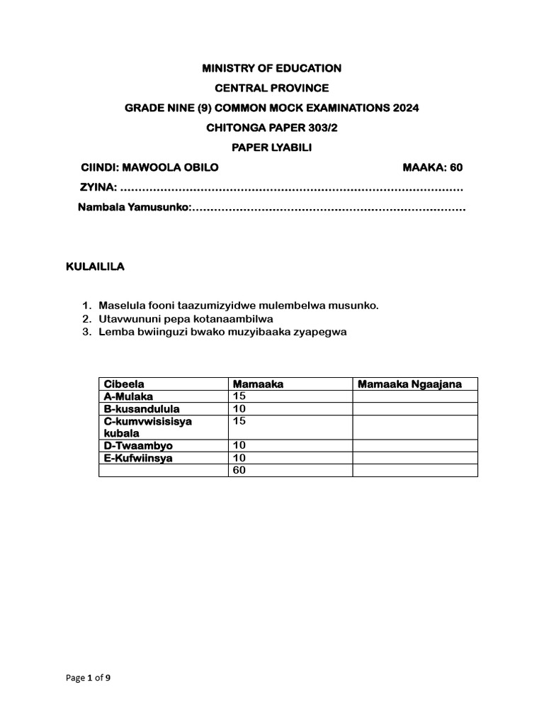 Grade 9 Chitonga Mock Exam 2024 | PDF | Bantu