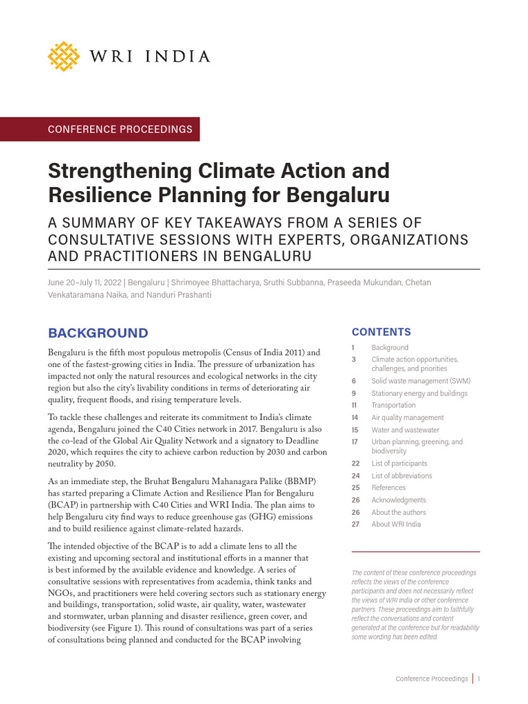 Climate Action and Resilience Plan For Bengaluru 25th Nov | PDF ...