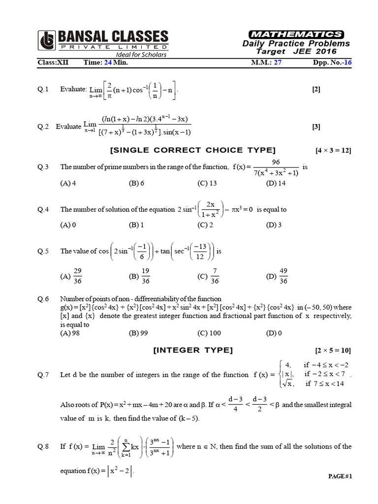 JEE 2016 Mathematics Practice Problems | PDF | Function (Mathematics ...