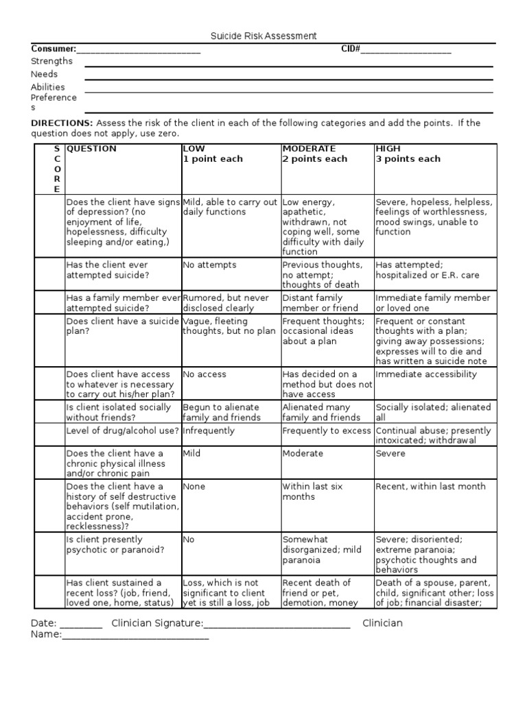 Suicide Risk Assessment Tool | PDF | Paranoia | Suicide