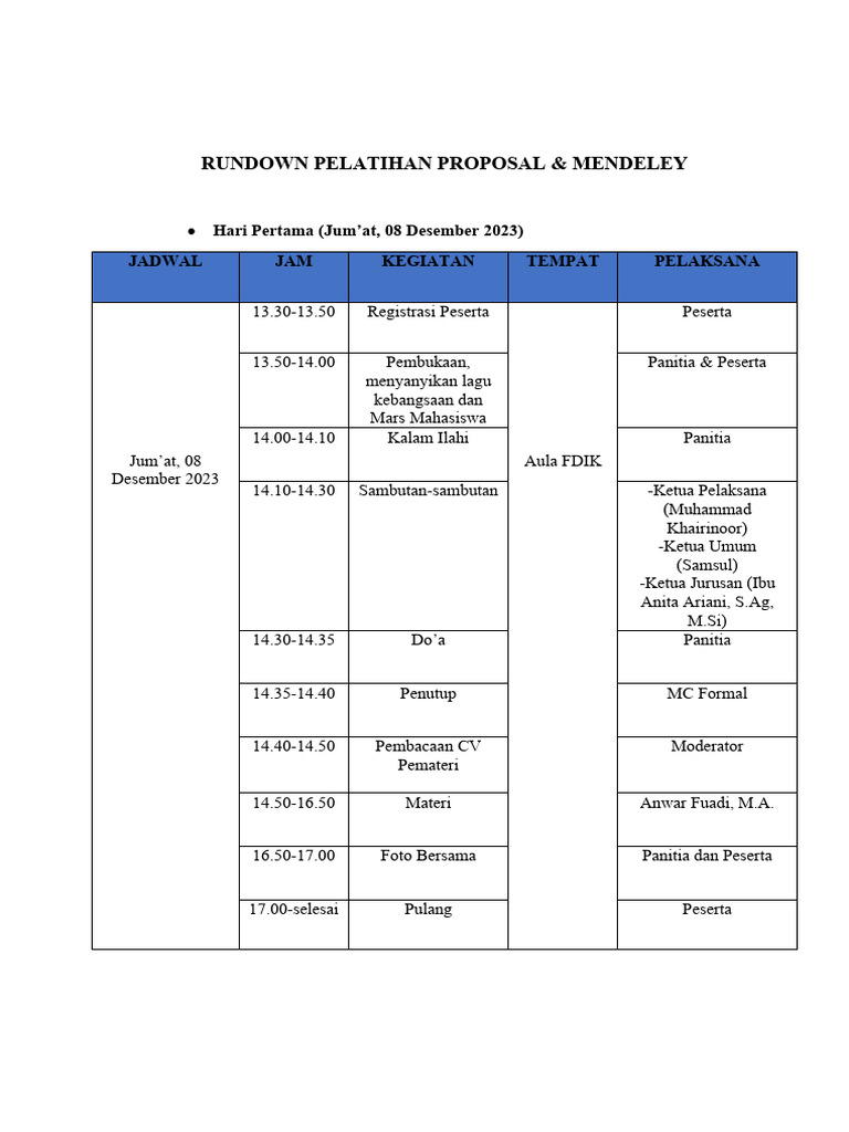 Rundown Pelatihan Proposal dan Mendeley | PDF