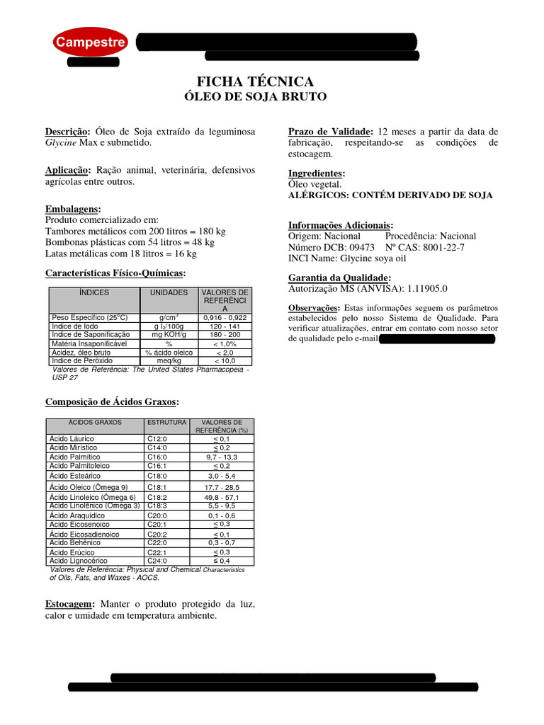 Óleo de Soja Bruto: Ficha Técnica Completa | PDF | Soja