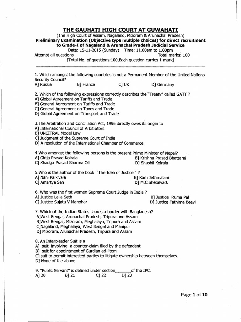 Arunachal Pradesh Judicial Service Paper 2015 Preliminary Exam | PDF ...