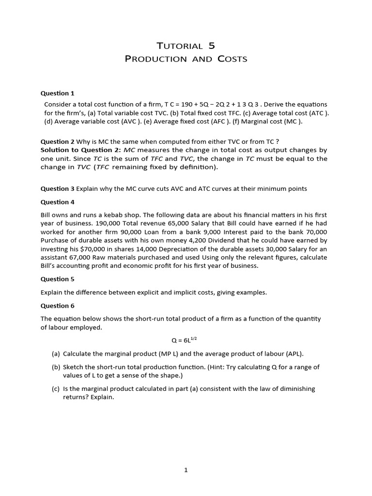 Tutorial 5 Production and Cost | PDF