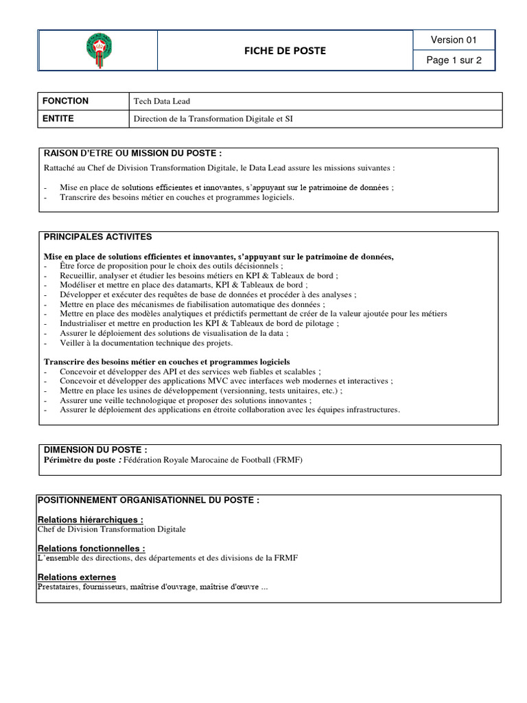 Fiche de Poste : Tech Data Lead FRMF | PDF | Bases de données ...